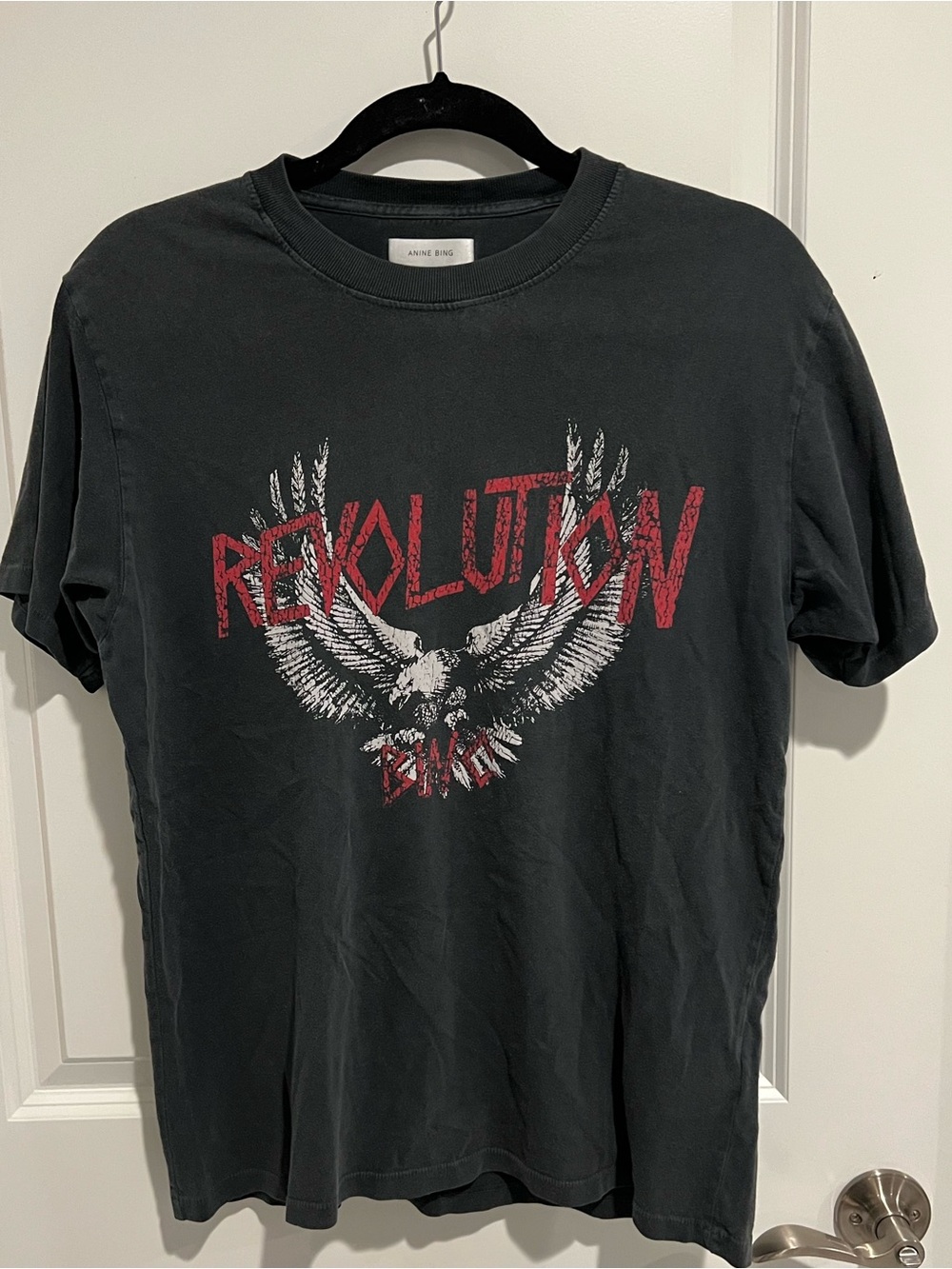 Anine Bing Black Tee with Red 'REVOLUTION' and White Eagle Graphic
